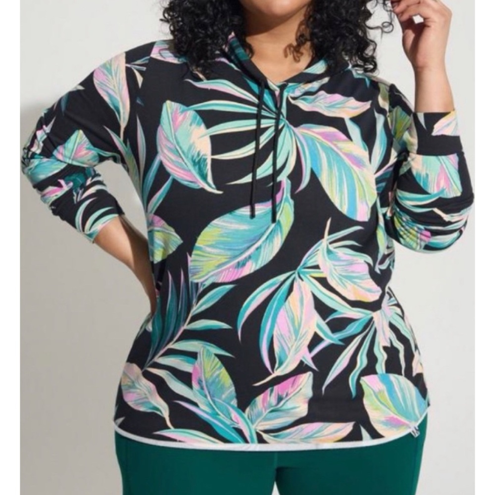 🆕 Black Leaves Fleece Raw Hem Hooded Active Sweatshirt 2 2X 18 20 NWT Torrid New